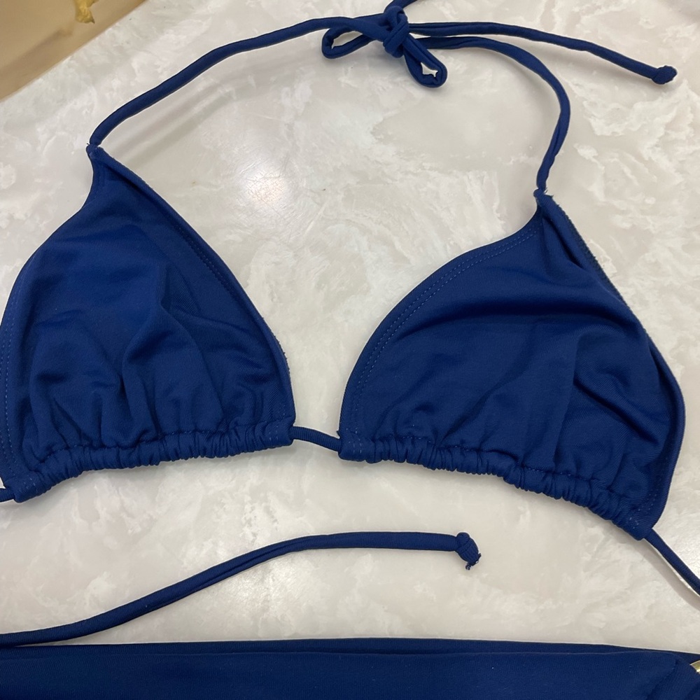 Jo de Mer Two Piece Navy Bikini, Triangle Top, Gold Ring Bottom Detail, Sz 2-Med - Picture 2 of 10